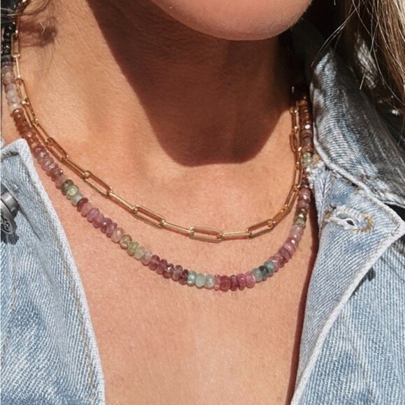 Gemstone Beaded necklace for FALL BEAUTIFUL Watermelon Tourmaline Necklace Gold - Picture 10 of 15